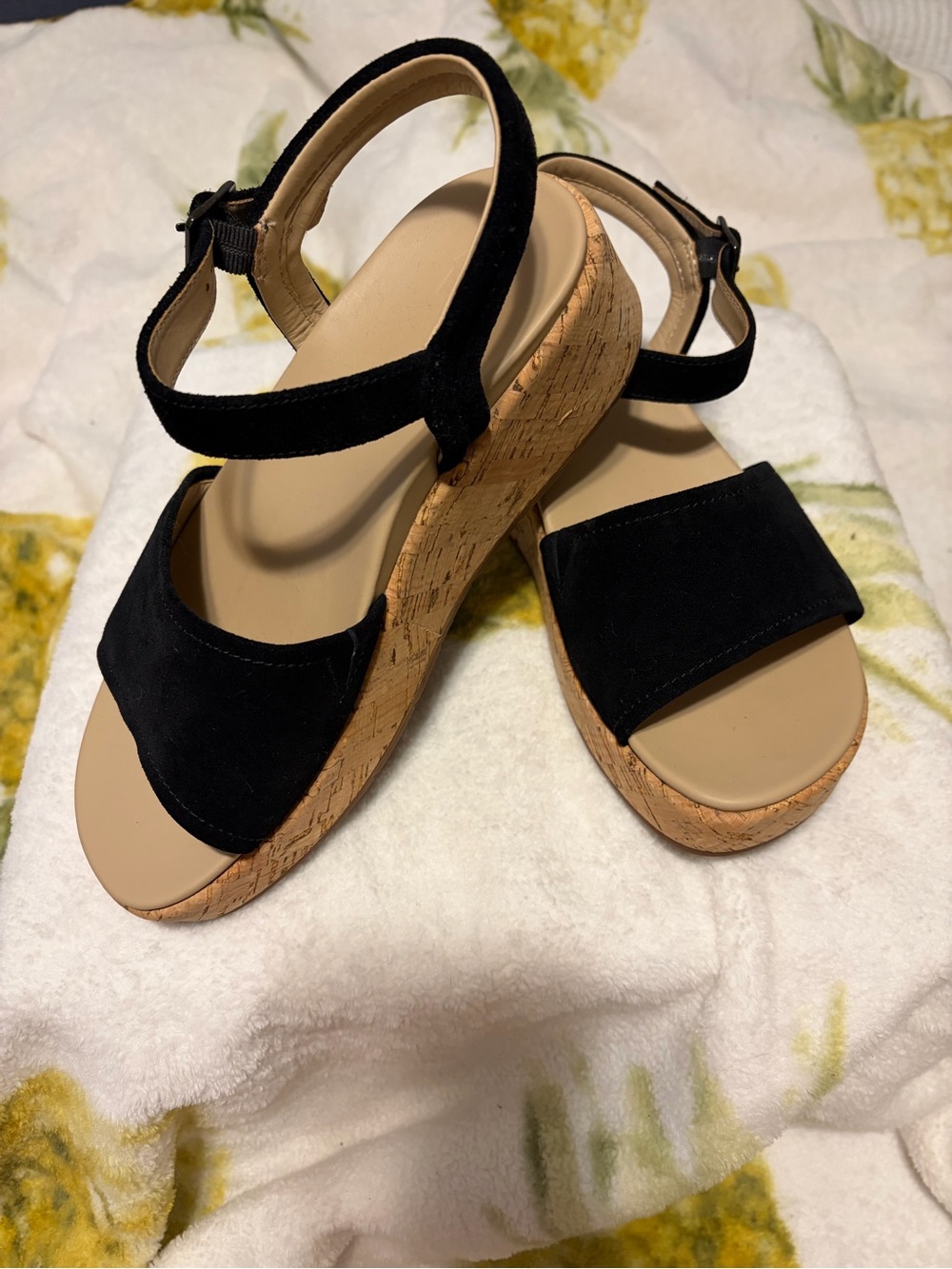 Abeo Black Suede Cork Wedge Sandals with Ankle Strap